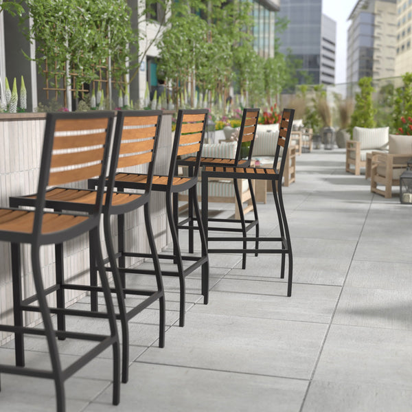 Teak |#| Commercial Grade Outdoor All-Weather Bar Stool with Poly Resin Slats - Teak