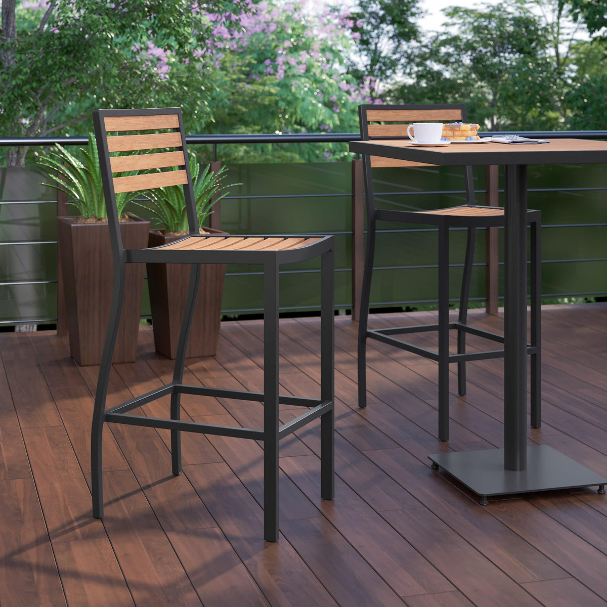 Teak |#| Commercial Grade Outdoor All-Weather Bar Stool with Poly Resin Slats - Teak