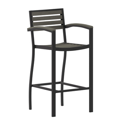 Lark Commercial Grade Bar Height Stool with Arms, All-Weather Outdoor Bar Stool with Faux Wood Poly Resin Slats and Aluminum Frame