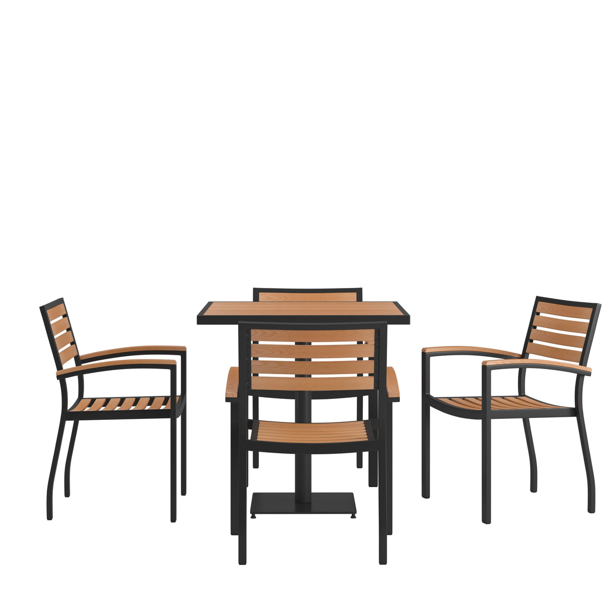 4 Faux Teak Accented Club Chairs and 30inch Square Faux Teak Patio Table Set