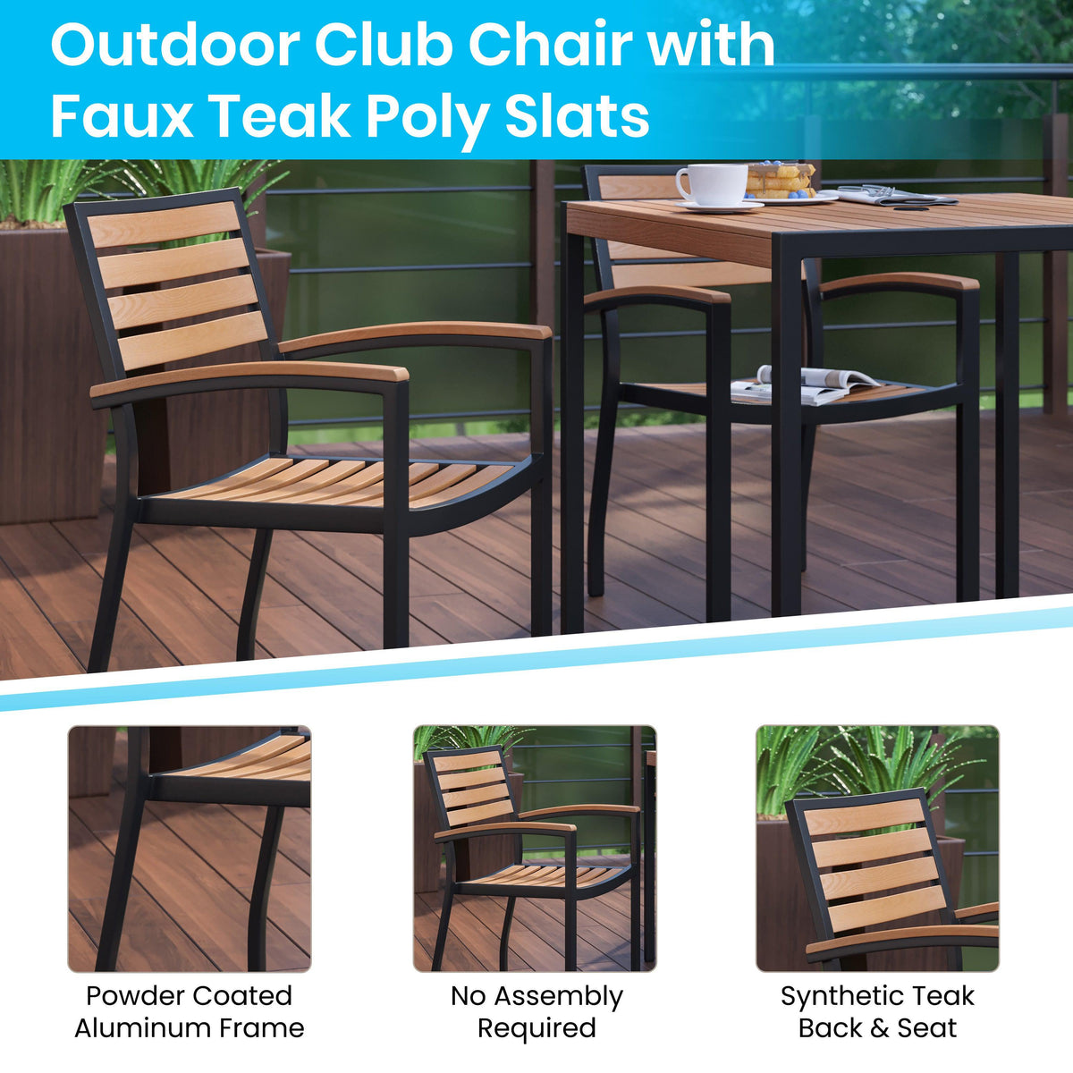 4 Faux Teak Accented Club Chairs and 30inch Square Faux Teak Patio Table Set