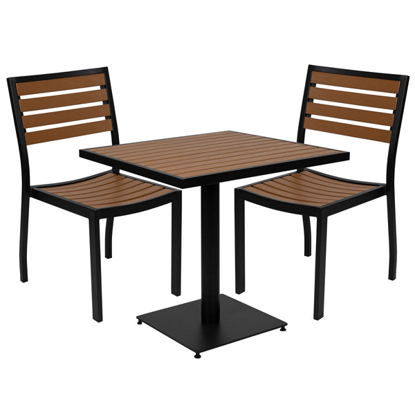 Outdoor Patio Bistro Dining Table Set with 2 Chairs and Faux Teak Poly Slats