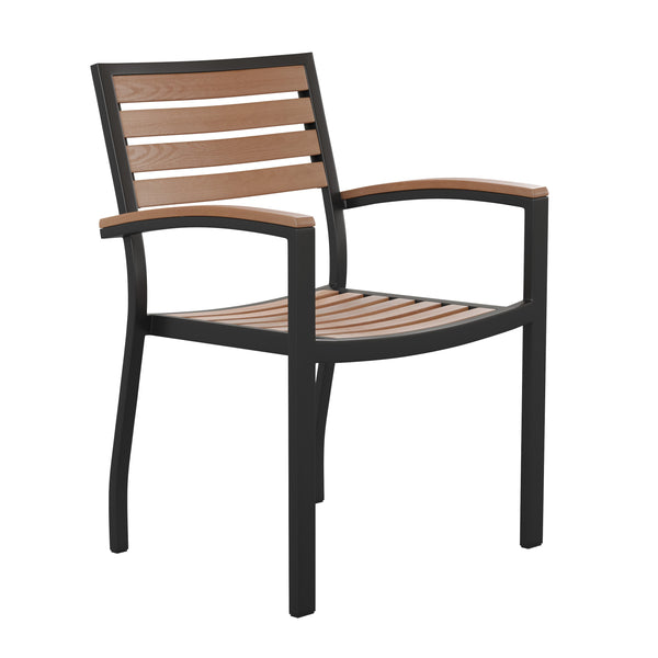 Teak |#| Stackable All-Weather Black Aluminum Patio Chairs with Faux Teak Slats