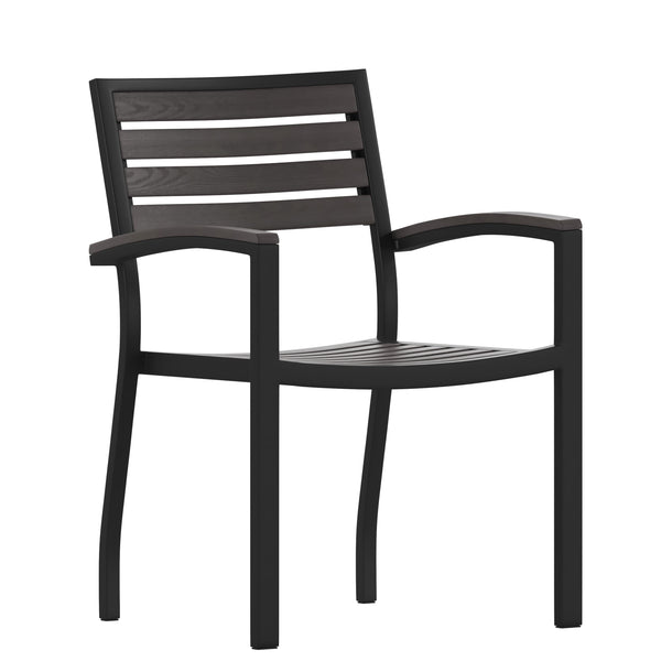 Gray Wash Teak |#| Stackable All-Weather Black Aluminum Patio Chair with Gray Wash Faux Teak Slats