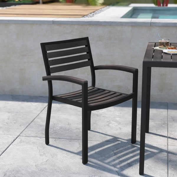 Gray Wash Teak |#| Stackable All-Weather Black Aluminum Patio Chair with Gray Wash Faux Teak Slats