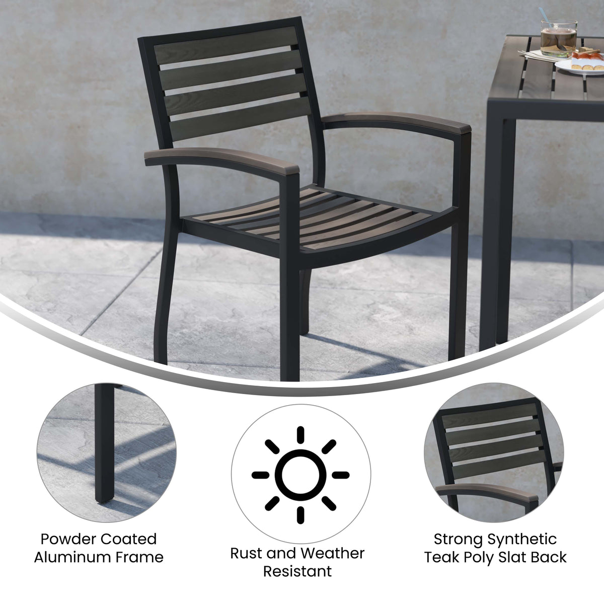 Gray Wash Teak |#| Stackable All-Weather Black Aluminum Patio Chair with Gray Wash Faux Teak Slats