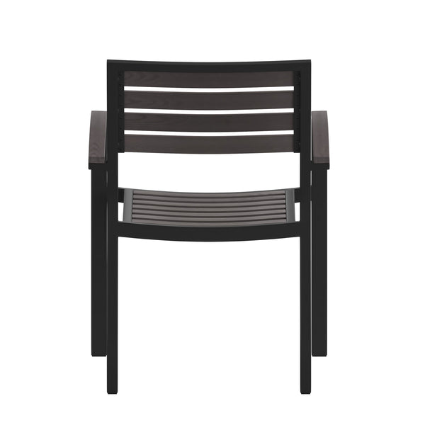 Gray Wash Teak |#| Stackable All-Weather Black Aluminum Patio Chair with Gray Wash Faux Teak Slats