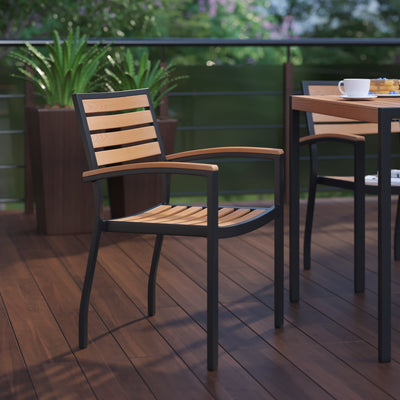 Lark Outdoor Stackable Faux Teak Side Chair - Commercial Grade Aluminum Patio Chair with Synthetic Teak Slats