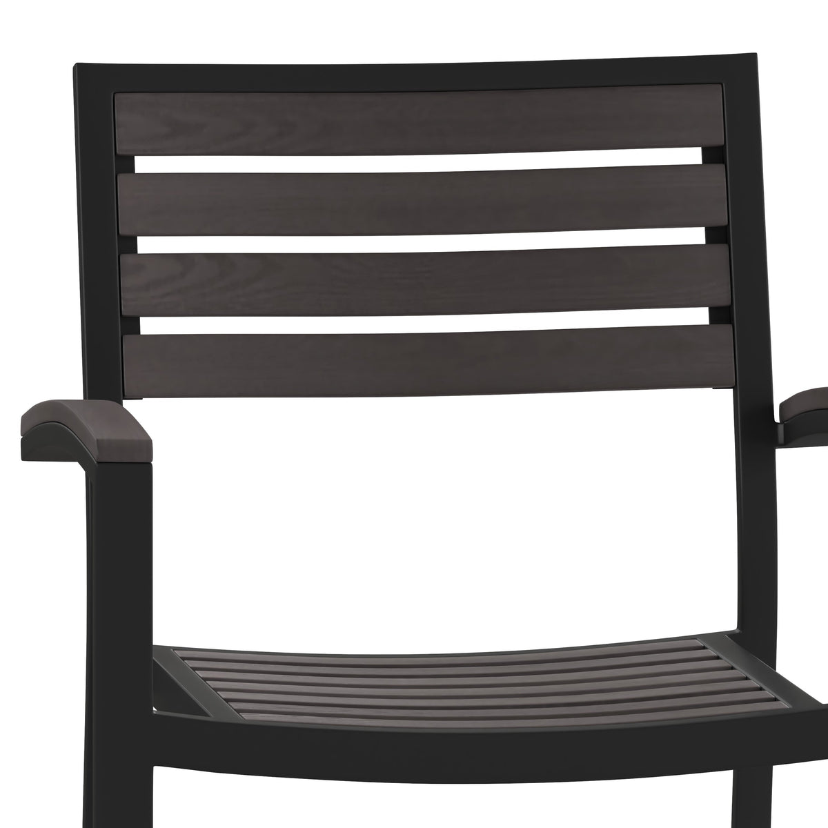 Gray Wash Teak |#| Stackable All-Weather Black Aluminum Patio Chair with Gray Wash Faux Teak Slats