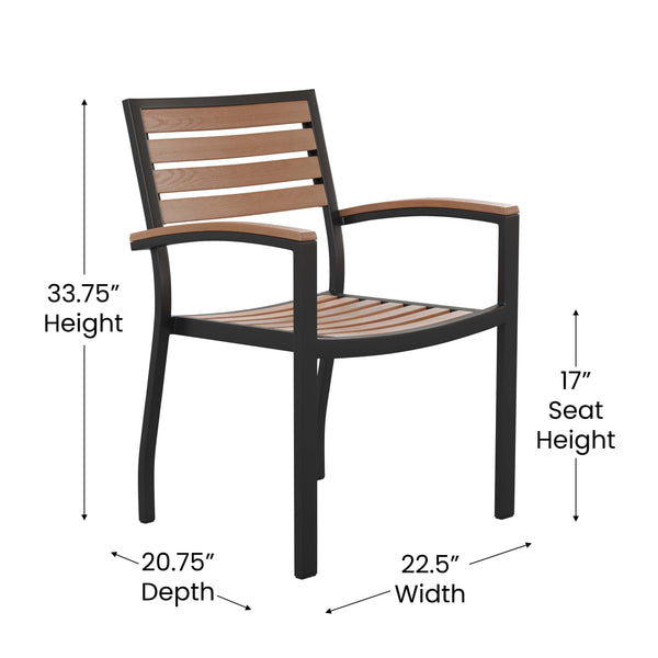 Teak |#| Stackable All-Weather Black Aluminum Patio Chairs with Faux Teak Slats