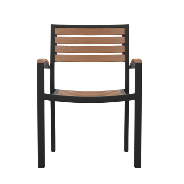 Teak |#| Stackable All-Weather Black Aluminum Patio Chairs with Faux Teak Slats