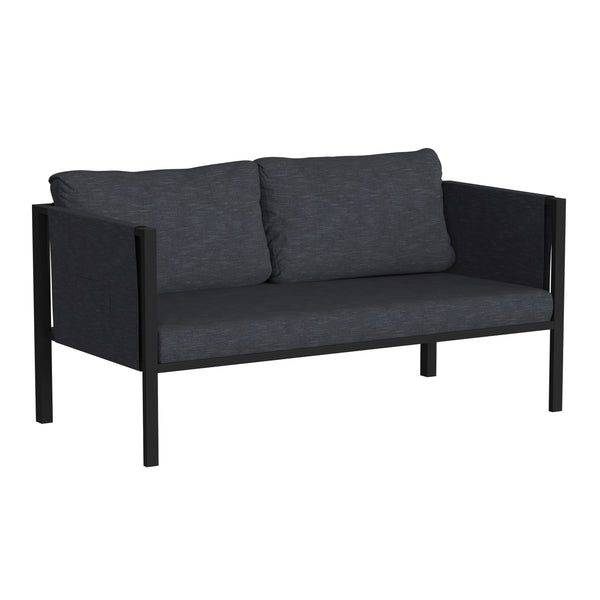 Charcoal |#| Black Steel Frame Loveseat with Included Charcoal Cushions and Storage Pockets