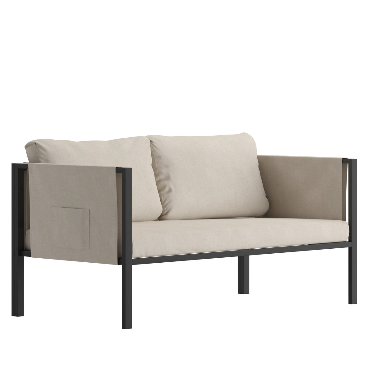 Beige |#| Black Steel Frame Loveseat with Included Beige Cushions and Storage Pockets