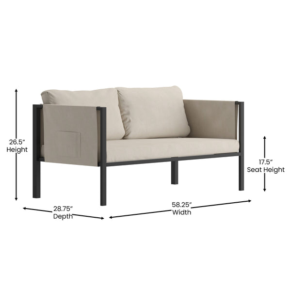 Beige |#| Black Steel Frame Loveseat with Included Beige Cushions and Storage Pockets