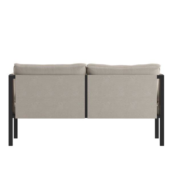 Beige |#| Black Steel Frame Loveseat with Included Beige Cushions and Storage Pockets