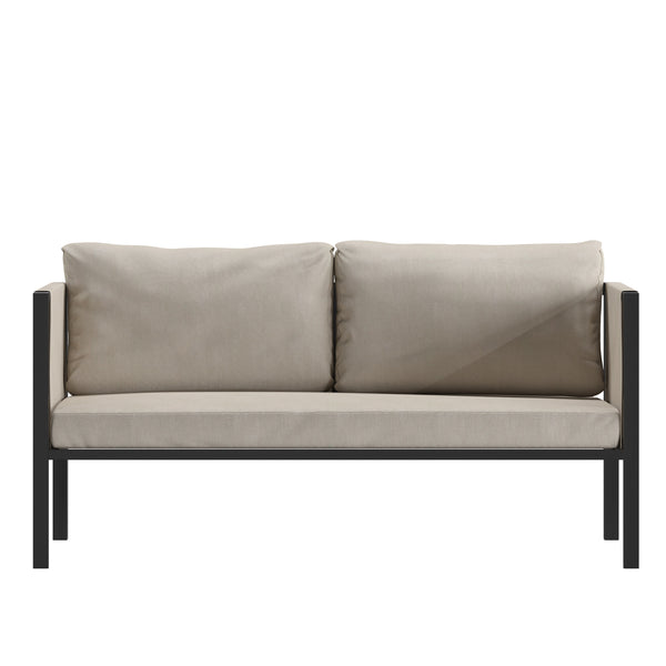 Beige |#| Black Steel Frame Loveseat with Included Beige Cushions and Storage Pockets