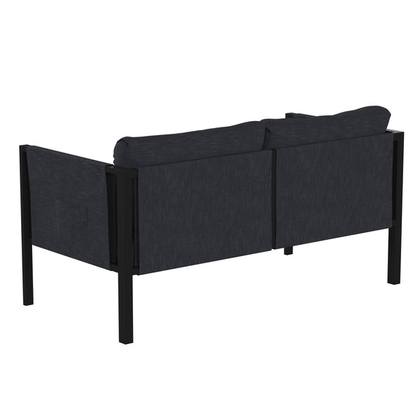 Charcoal |#| Black Steel Frame Loveseat with Included Charcoal Cushions and Storage Pockets