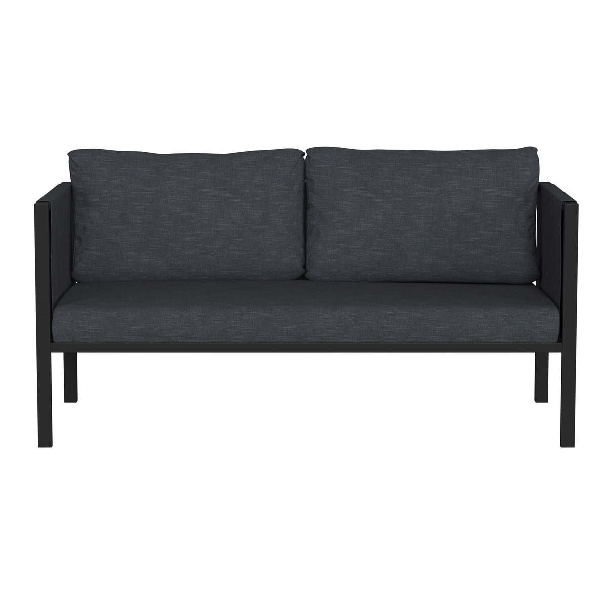 Charcoal |#| Black Steel Frame Loveseat with Included Charcoal Cushions and Storage Pockets