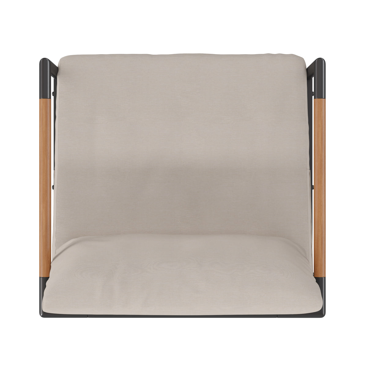 Light Gray |#| Black Aluminum Frame Patio Chair with Teak Arm Accents and Beige Cushions