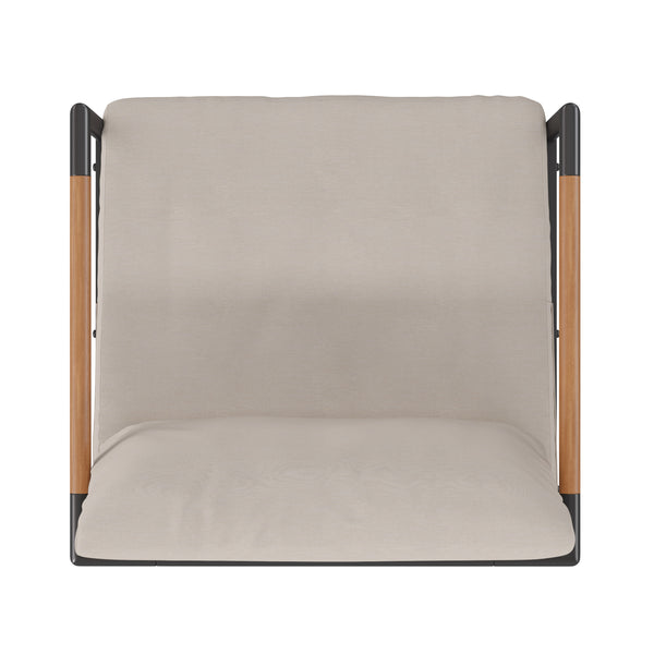 Light Gray |#| Black Aluminum Frame Patio Chair with Teak Arm Accents and Beige Cushions