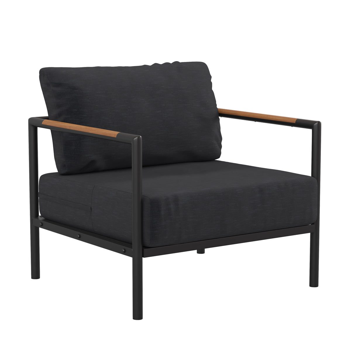 Charcoal |#| Black Aluminum Frame Patio Chair with Teak Arm Accents and Charcoal Cushions