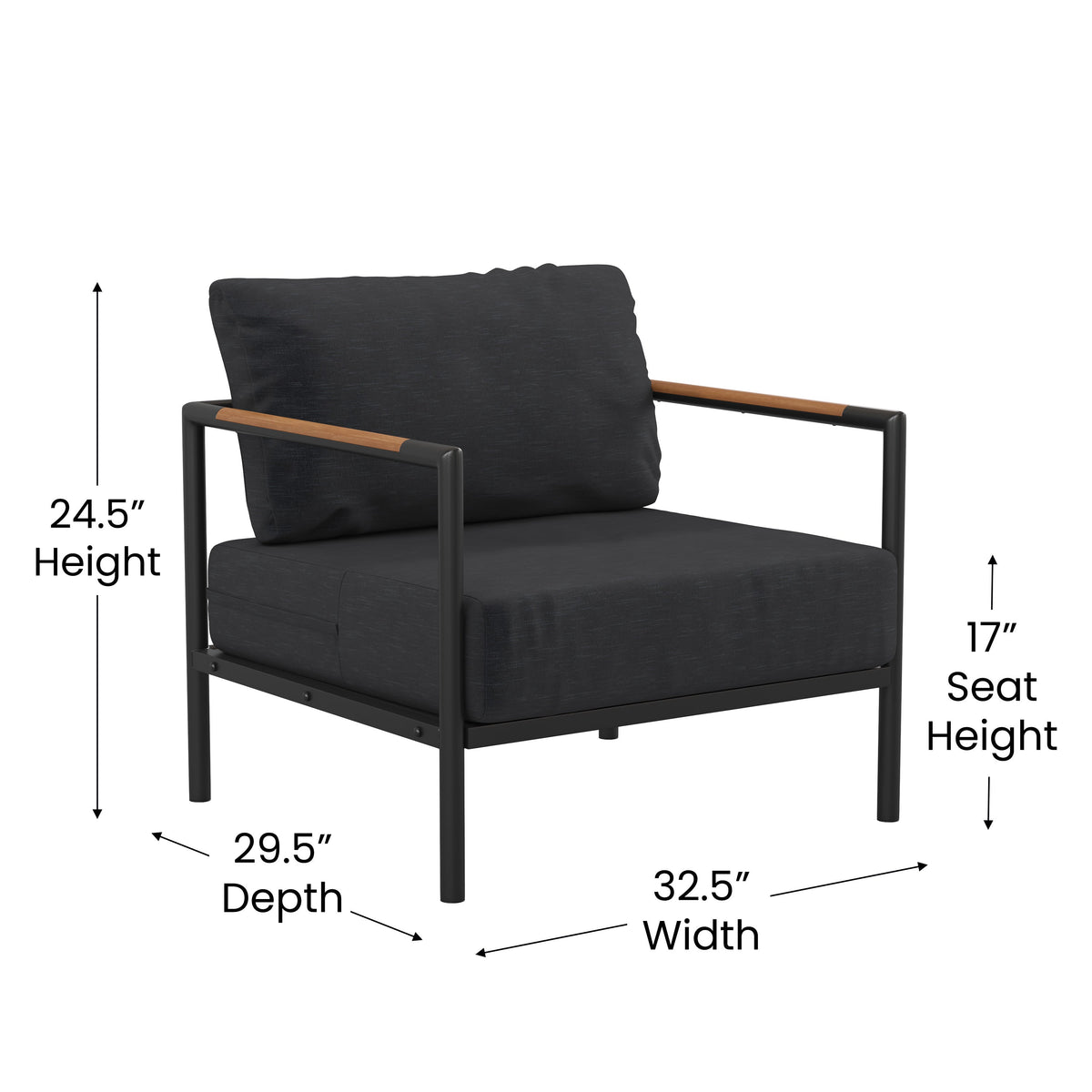 Charcoal |#| Black Aluminum Frame Patio Chair with Teak Arm Accents and Charcoal Cushions