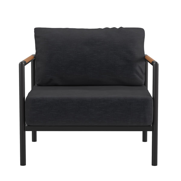 Charcoal |#| Black Aluminum Frame Patio Chair with Teak Arm Accents and Charcoal Cushions