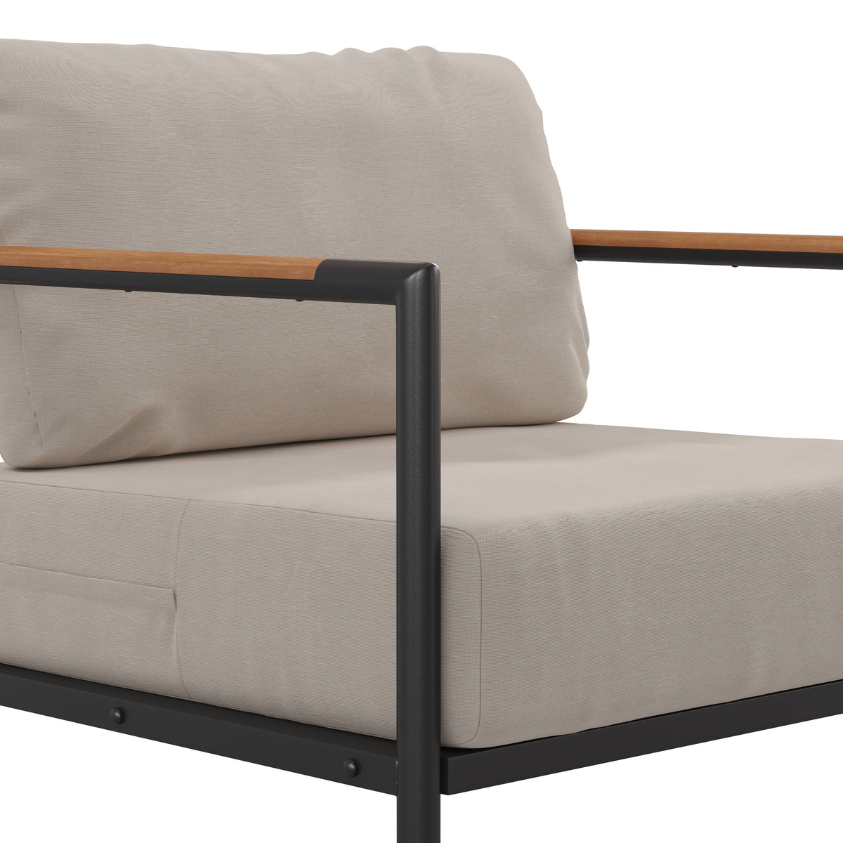 Light Gray |#| Black Aluminum Frame Patio Chair with Teak Arm Accents and Beige Cushions