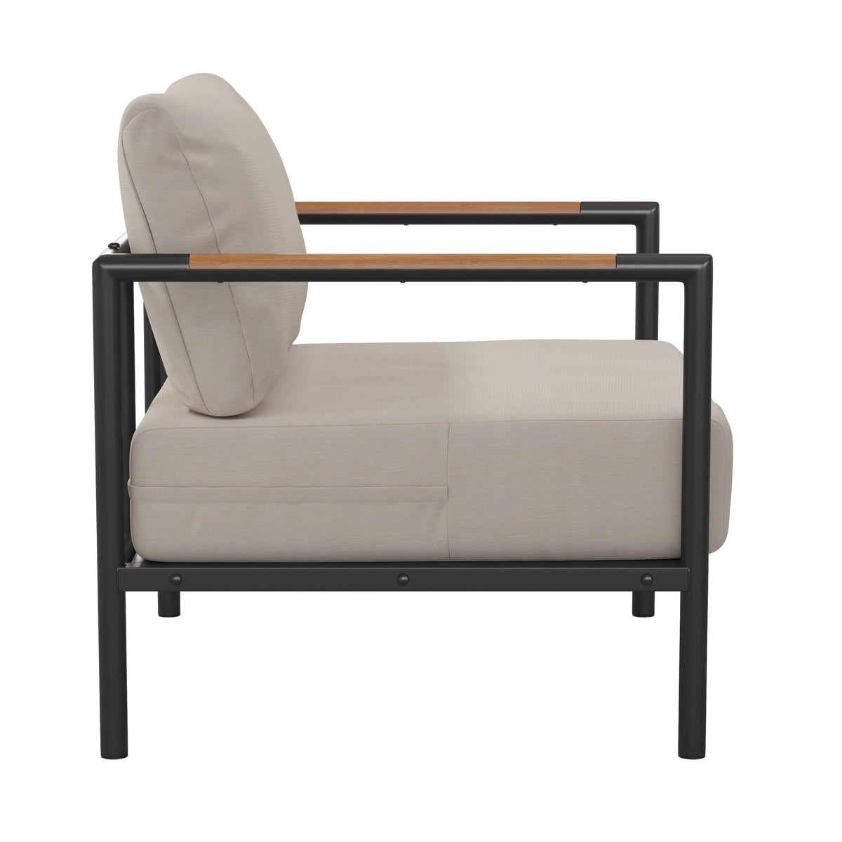 Light Gray |#| Black Aluminum Frame Patio Chair with Teak Arm Accents and Beige Cushions