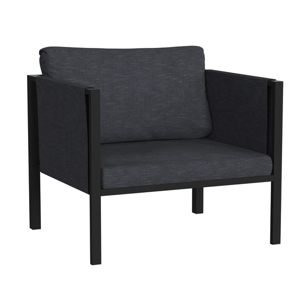 Charcoal |#| Black Steel Frame Patio Chair with Included Charcoal Cushions & Storage Pockets