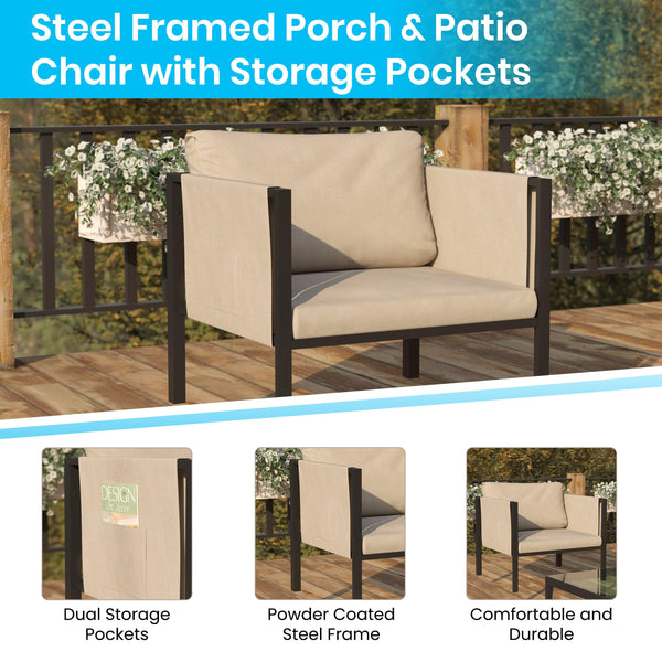 Beige |#| Black Steel Frame Patio Chair with Beige Cushions & Storage Pockets