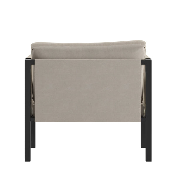 Beige |#| Black Steel Frame Patio Chair with Beige Cushions & Storage Pockets