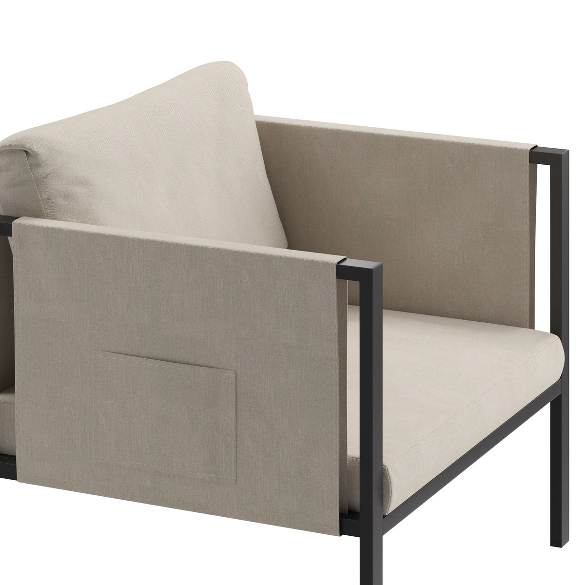 Beige |#| Black Steel Frame Patio Chair with Beige Cushions & Storage Pockets