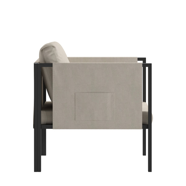 Beige |#| Black Steel Frame Patio Chair with Beige Cushions & Storage Pockets