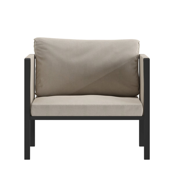 Beige |#| Black Steel Frame Patio Chair with Beige Cushions & Storage Pockets