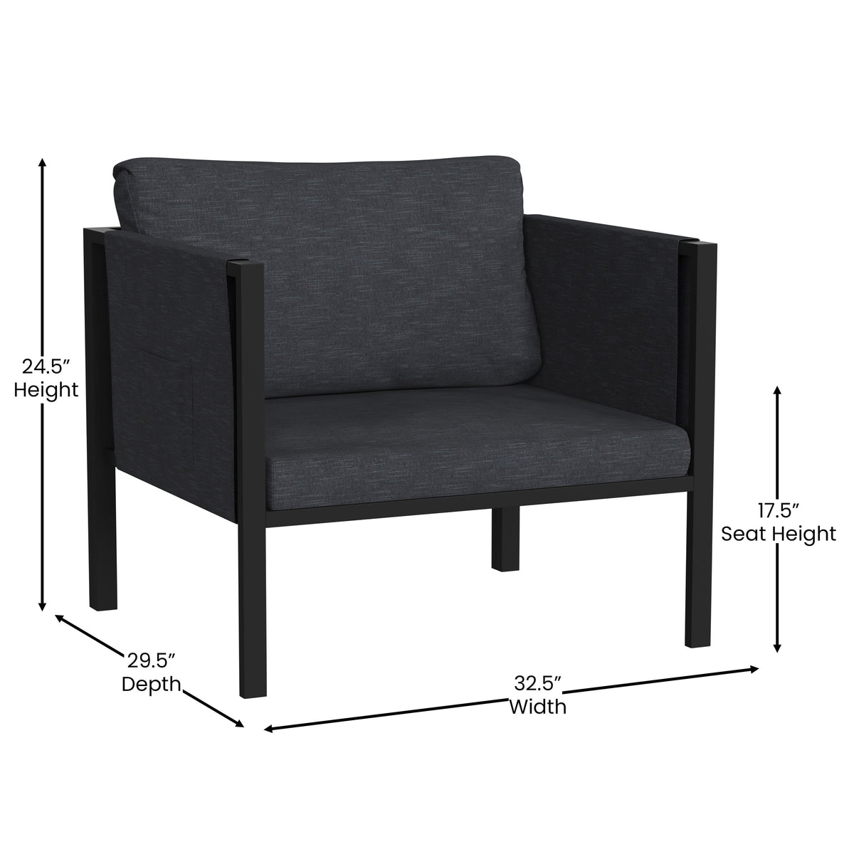 Charcoal |#| Black Steel Frame Patio Chair with Included Charcoal Cushions & Storage Pockets