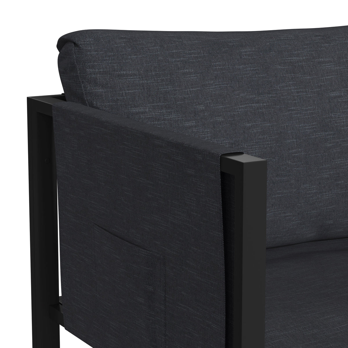 Charcoal |#| Black Steel Frame Patio Chair with Included Charcoal Cushions & Storage Pockets