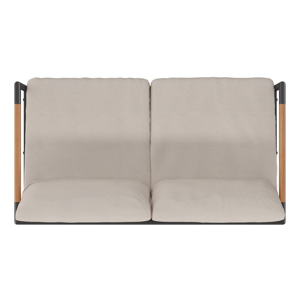 Light Gray |#| Black Aluminum Frame Loveseat with Teak Arm Accents and Beige Cushions