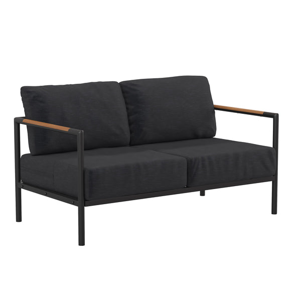 Charcoal |#| Black Aluminum Frame Loveseat with Teak Arm Accents and Charcoal Cushions