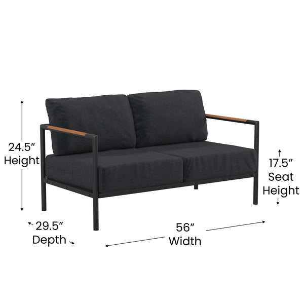 Charcoal |#| Black Aluminum Frame Loveseat with Teak Arm Accents and Charcoal Cushions