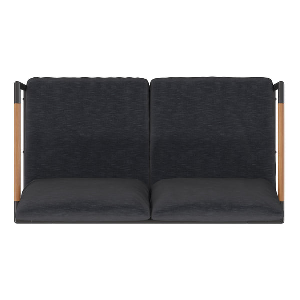 Charcoal |#| Black Aluminum Frame Loveseat with Teak Arm Accents and Charcoal Cushions