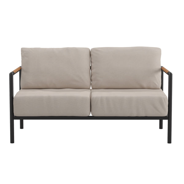 Light Gray |#| Black Aluminum Frame Loveseat with Teak Arm Accents and Beige Cushions