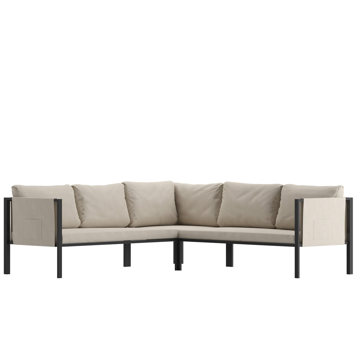 Beige |#| Black Steel Frame Sectional with Beige Cushions and Storage Pockets