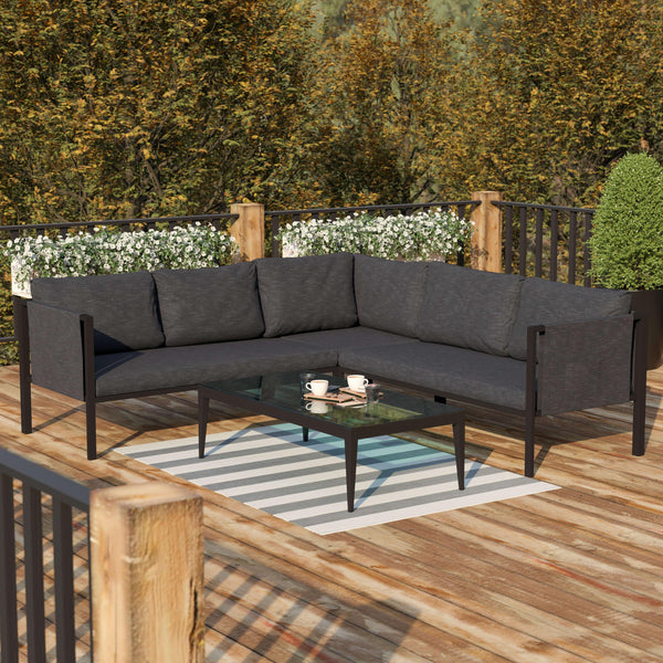 Charcoal |#| Black Steel Frame Sectional with Included Charcoal Cushions and Storage Pockets