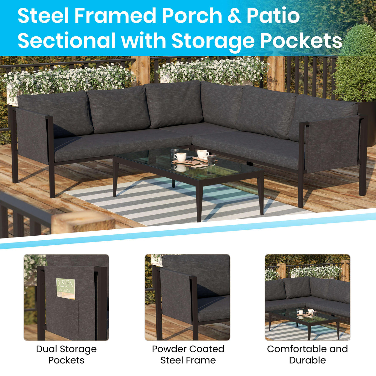 Charcoal |#| Black Steel Frame Sectional with Included Charcoal Cushions and Storage Pockets