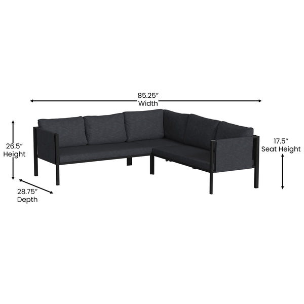 Charcoal |#| Black Steel Frame Sectional with Included Charcoal Cushions and Storage Pockets