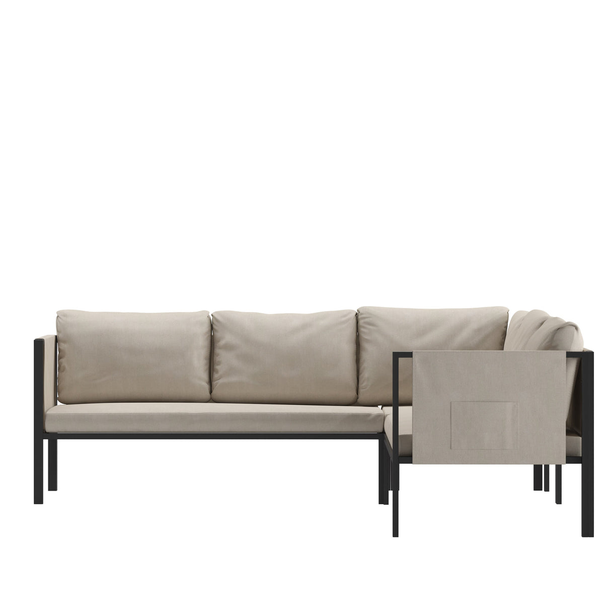 Beige |#| Black Steel Frame Sectional with Beige Cushions and Storage Pockets