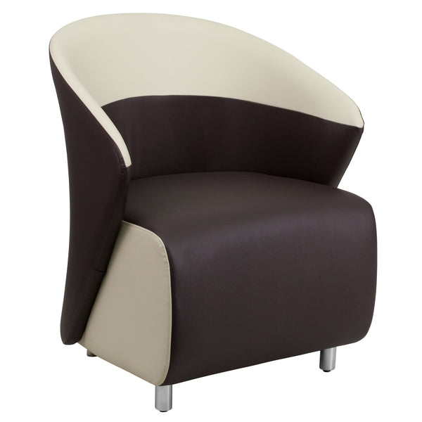 Dark Brown and Beige |#| Dark Brown LeatherSoft Curved Barrel Back Lounge Chair with Beige Detailing