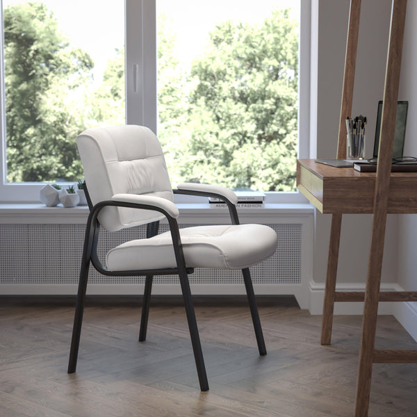 White LeatherSoft/Black Frame |#| White LeatherSoft Executive Side Reception Chair with Black Frame - Home Office