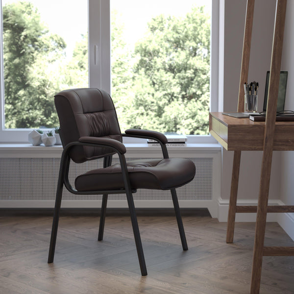 Brown LeatherSoft/Black Frame |#| Brown LeatherSoft Executive Side Reception Chair with Black Frame - Home Office